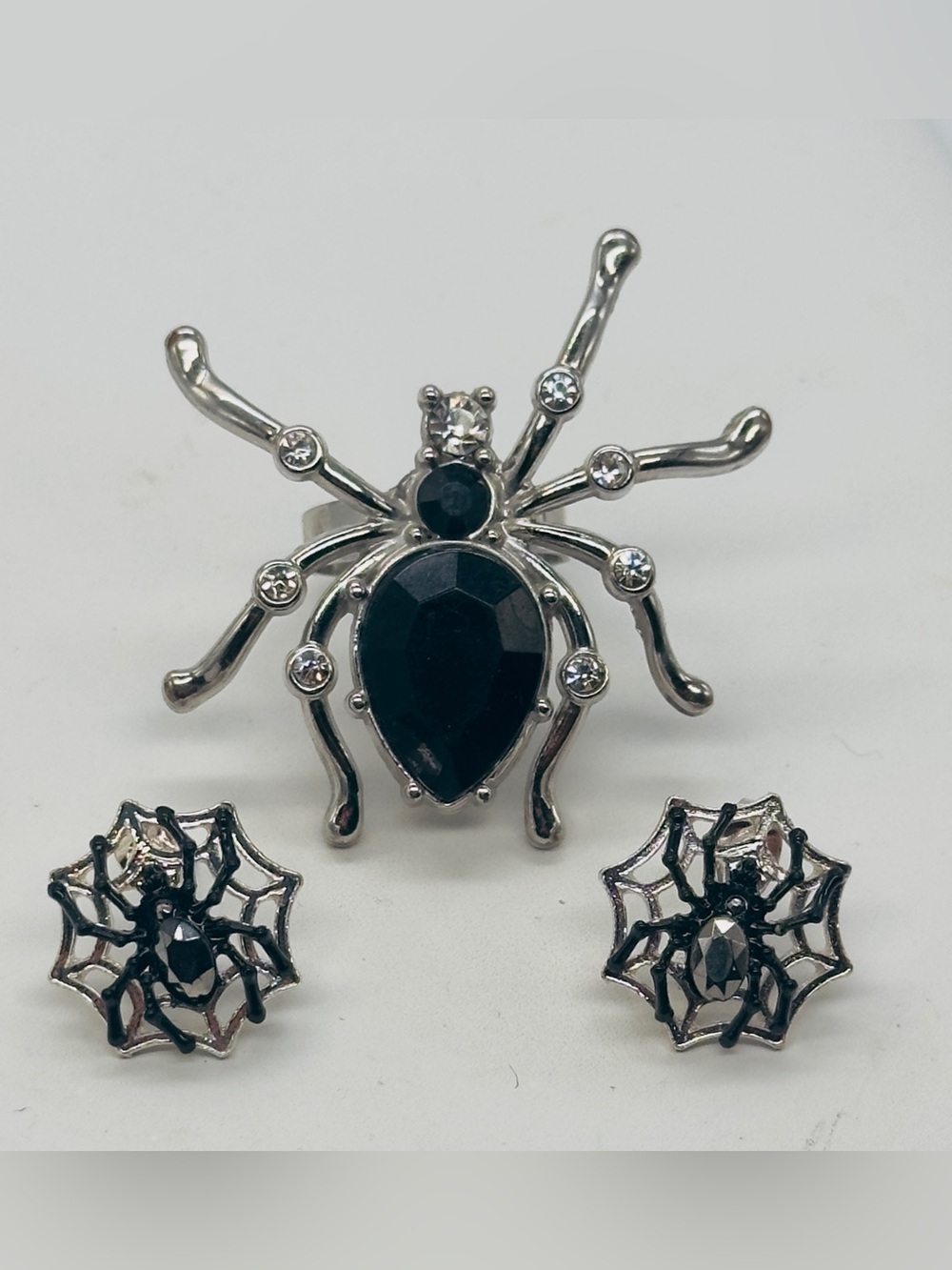 Silver Tone Black Rhinestone Adjustable Spider Web Ring Post Earrings Pierced